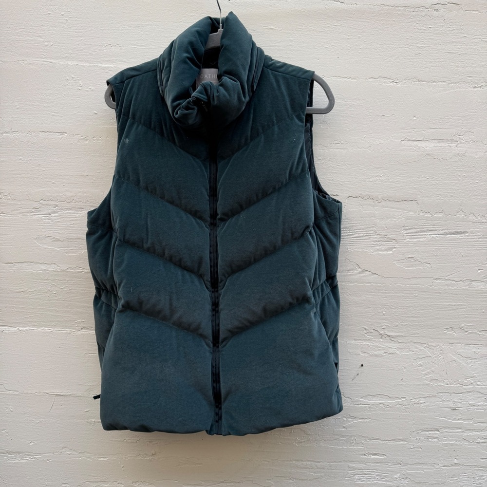 Athleta Downtown Velvet Puffer Vest large Teal Blue Green Down Insulated 511495
